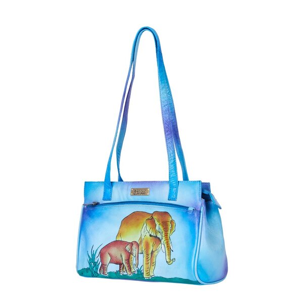 Women's Hand-Painted Leather Blue Shoulder Tote Bag with Animal Artwork - Picture 4 of 7
